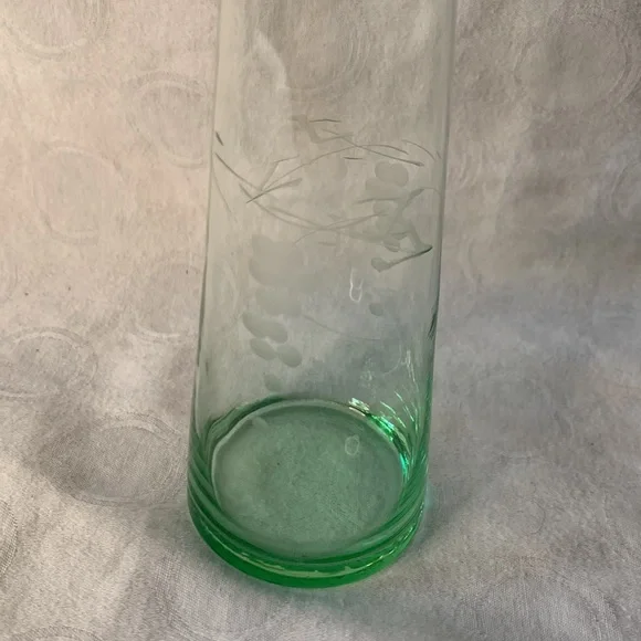 Ice Green Glass Bud Vase Etched with Grapes Hourglass Shape 9.5” tall - Picture 2 of 5